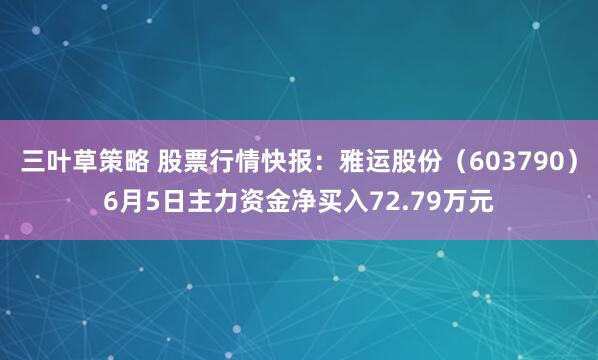 三叶草策略 股票行情快报：雅运股份（603790）6月5日主力资金净买入72.79万元